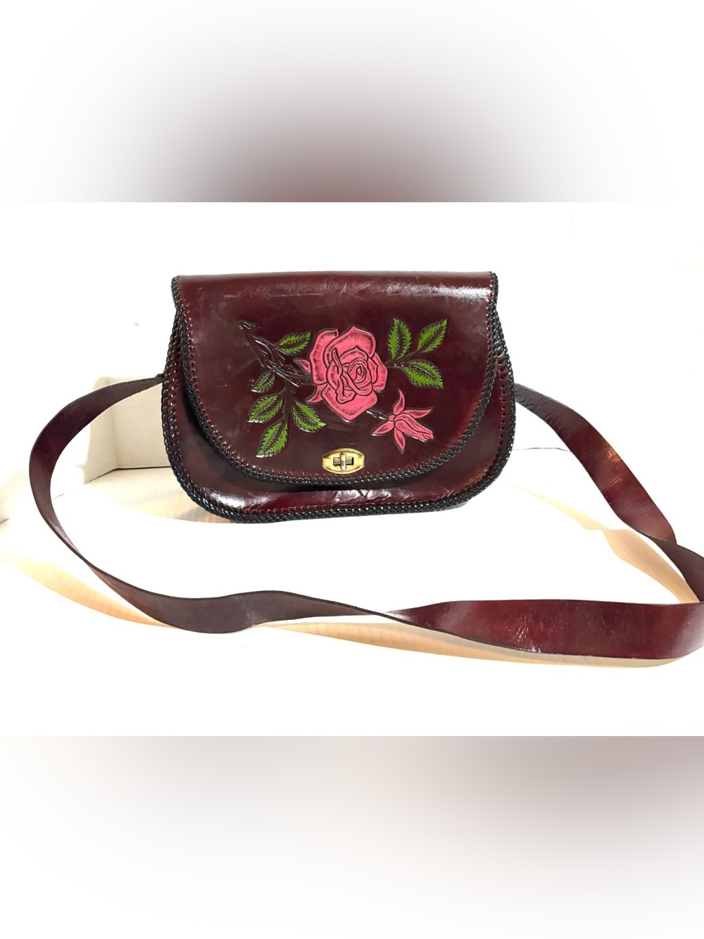 Rose-Embroidered Burgundy Leather Crossbody Bag